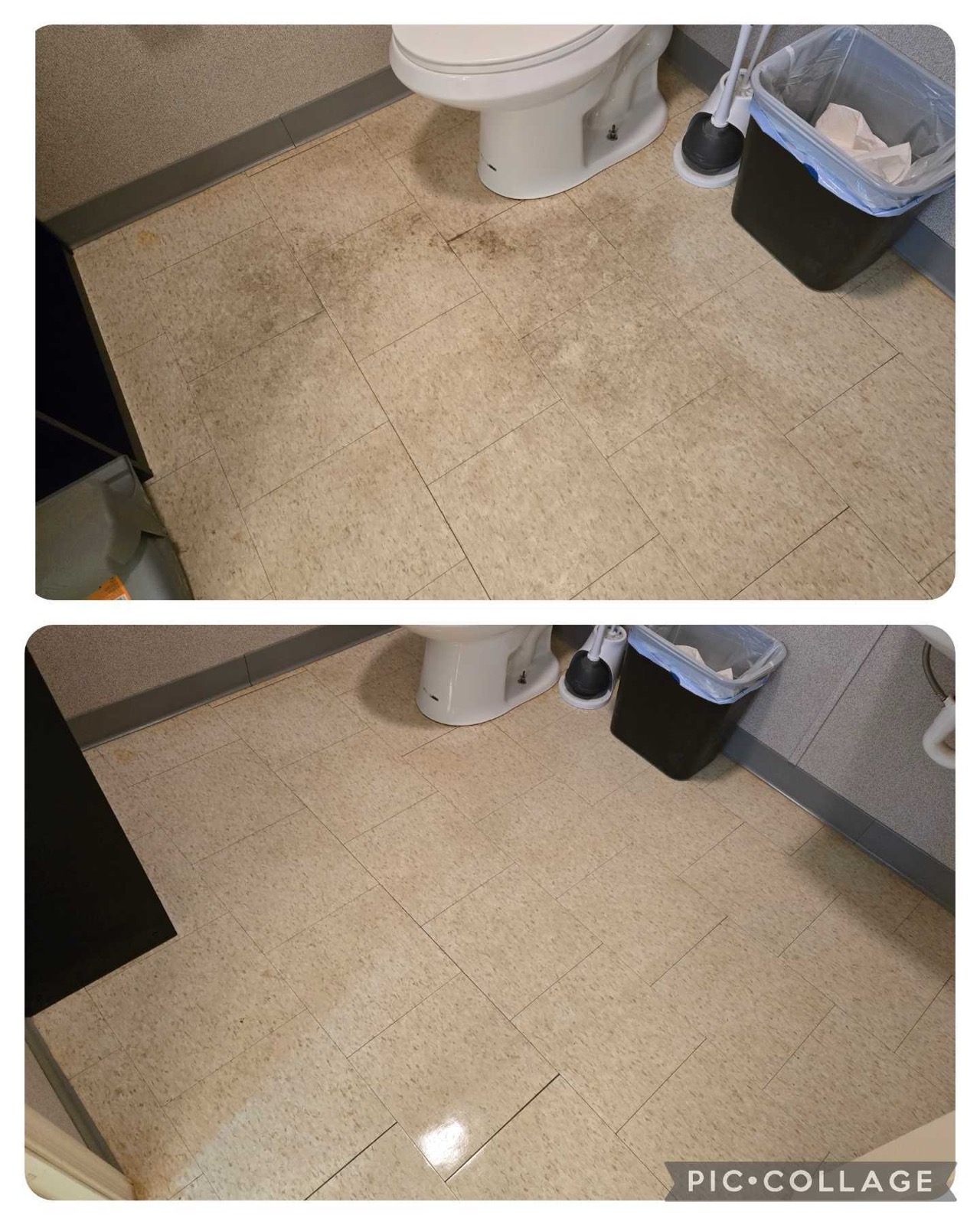 Bathroom tile floor before and after cleaning