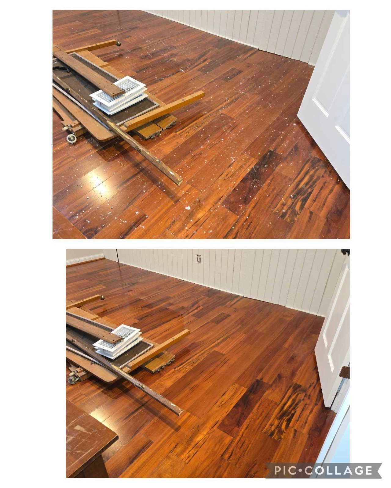 Hardwood floor before and after cleaning